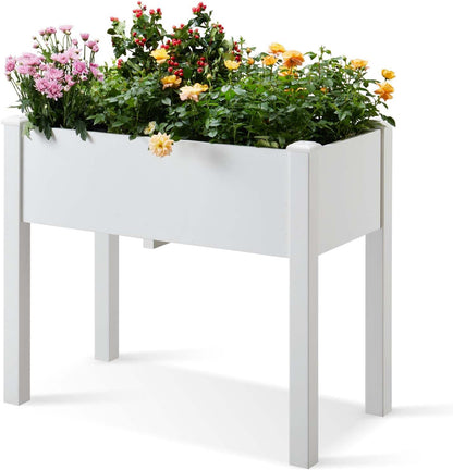 Psilvam Raised Garden Bed with Legs, Poly Lumber Raised Planter Box, Outdoor Elevated Garden Bed Suit for Backyard, Patio, Balcony 34" D x 18" W x 30" H（White）
