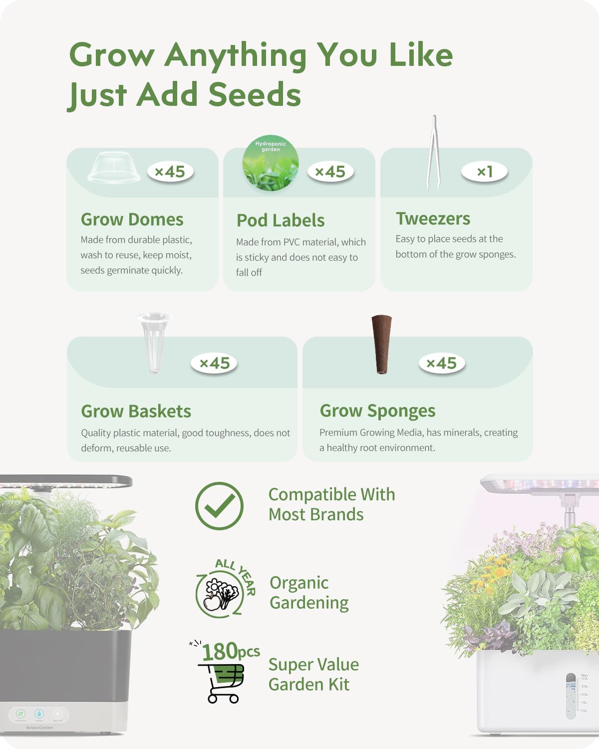 180Pcs Hydroponic Pods Supplies: Grow Anything Kit with 45 Grow Sponges, 45 Grow Baskets, 45 Grow Domes, 45 Pod Labels - Compatible with Hydroponics Growing System Indoor Garden from Most Brands