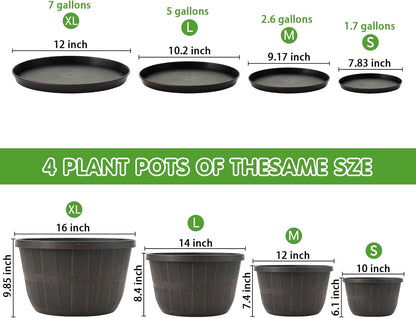 Quarut 16 Inch Brown Classic Plastic Whiskey Barrel Planters Set of 4 with Drainage Holes & Trays for Indoor & Outdoor Use
