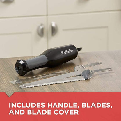 BLACK+DECKER 9 inch Electric Carving Knife, Comfort Grip Handle & Safety Lock Button, Stainless Steel Blades and Dishwasher Safe Parts, Corded, White