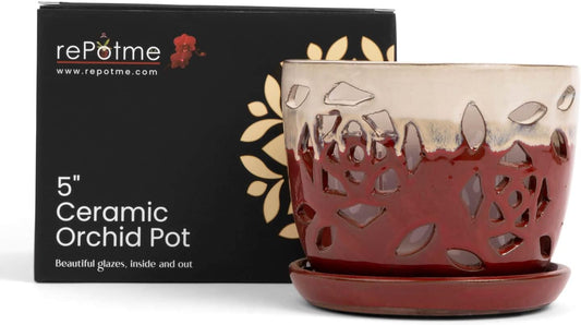 rePotme Orchid Pot - 5 inch Floral Cutout Ceramic Orchid Pot with Holes (Cream Over Garnet) - Includes Free 5 inch Slotted Pot Liner