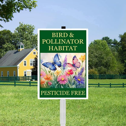 Bird and Pollinator Habitat Pesticide Free Yard Sign With Stakes 7x9.8 inches Rustproof Reflective Aluminum Pollinator Friendly Garden Sign Stand Butterfly Outdoor Decor