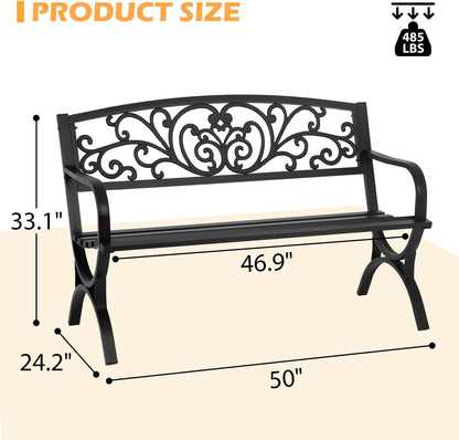PayLessHere Black Outdoor Metal Loveseat Chairs Patio Garden Bench 50-inch Slatted Seat Armrests Floral Design Plastics Backres Perfect for Park, Yard, Porch, Lawn, Balcony, Backyard