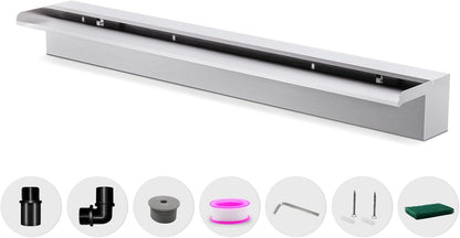 Waterfall Pool Fountain LONGRUNNEW 304 Stainless Steel 35.4" Rectangular Waterfall Spillway, Water Fall Fountain with Pipe Connector for Garden Outdoor, Swimming Pools, Fountains, Pond and Spa