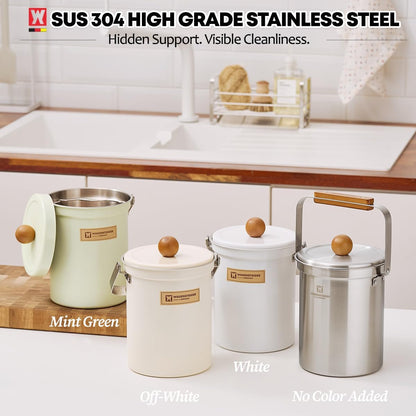 Kitchen Countertop Compost Bin 101ounces / 3Liters, Airtight Lid SUS304 Stainless Steel Odor-Free Food Waste Bin with Wooden Handle Stylish Design/Bathroom Trash Can (White)