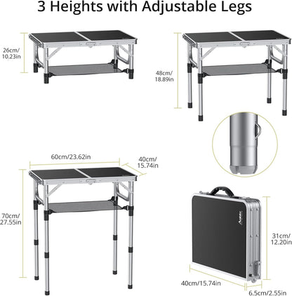 Folding Camping Table, Aluminum 24" x 16" Adjustable Height Small Folding Table with Carrying Handle, Lightweight, Portable Camping Table Waterproof for Outdoor Indoor Picnic Beach BBQ (Black)