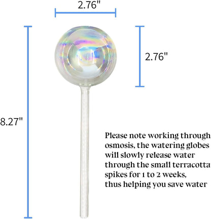 2 Pack Non-Clogging Iridescent Ball Plant Watering Globes with Terracotta Spikes, Hand Blown Glass Self Watering Planter Insert Plant Watering Devices Bulbs for Indoor and Outdoor Plants