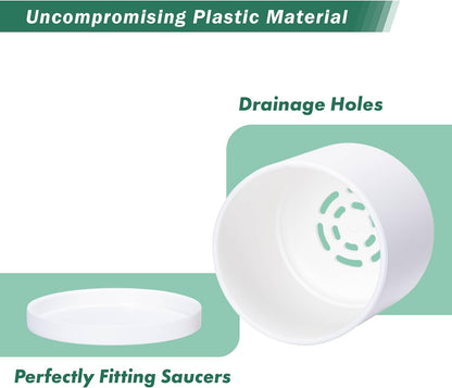 D'vine Dev 4 Pack 4.5 Inch Modern Plastic Plant Pots, Small Garden Planters for Plant with Drainage Holes and Saucers, White Color, 74-Z-F-2