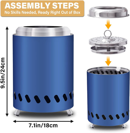 HGD 9.6 x 7.1 in Small Tabletop Fire Pit, Portable Mini Smokeless Table Top Firepit, Low Smoke Camping Stove for Outdoor & Patio, Fueled by Pellets or Wood, with Travel Bag, Stainless Steel, Blue