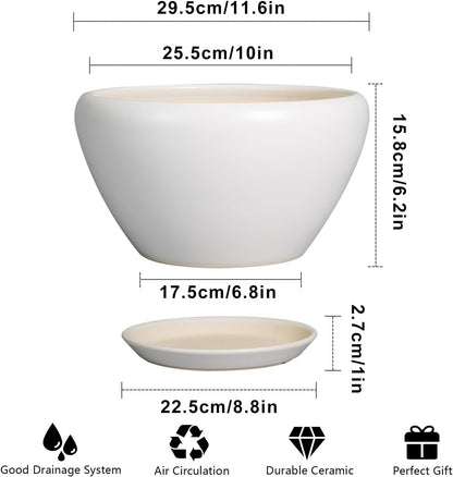 Ceramic Planter for Indoor Plants - 11 Inch Plant Pot with Drainage Hole and Saucer Decorative Round Large Planter Pot for Plants Outdoor Flower Pot for Garden White