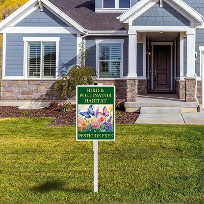 Bird and Pollinator Habitat Pesticide Free Yard Sign With Stakes 8X12 inches Rustproof Reflective Aluminum Pollinator Friendly Garden Sign Stand Butterfly Outdoor Decor