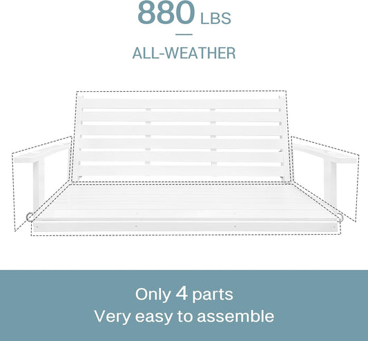 Wooden Porch Swing, Ergonomic Seat, Bench Swing with Hanging Chains and 7mm Springs, Heavy Duty 880 LBS, for Outdoor Patio Garden Yard (High Gloss White, 2-Seater Extra Large)