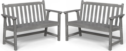 Outdoor Bench, 2-Person HDPE Garden Bench, All Weather Poly Patio Bench for Outdoors, Garden, Backyard, Porch and Park, 550 lbs Weight Capacity, Grey, 2 Pack