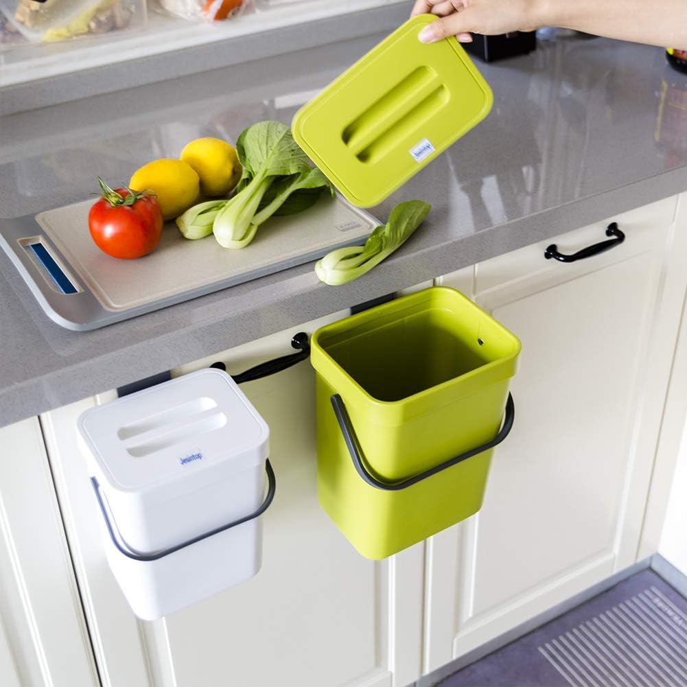 Food Waste Basket Bin for Kitchen, Odor-Free Food Scrap Container,Small Countertop Compost Bin with Lid, Mini Garbage Can Wall Mounted Trash Can, 3L/0.8 Gal Series, Green