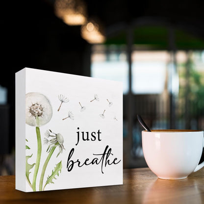 Z-Crange Just Breathe Dandelion Wood Block Sign, Rustic Wooden Plaque for Home, Bedroom, Meditation Space, Office, Shelf, Table Decor