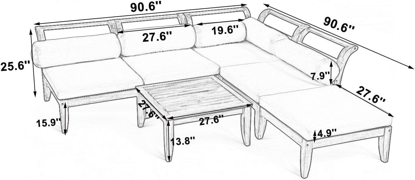 6 Piece Acacia Wood Patio Sofa Set, Outdoor Modular Sectional Garden Furniture Set with Tea Table, Ottoman, 5 Cushions and Pillows, L-Shaped Conversation Daybed for Patios, Poolsides, Gardens