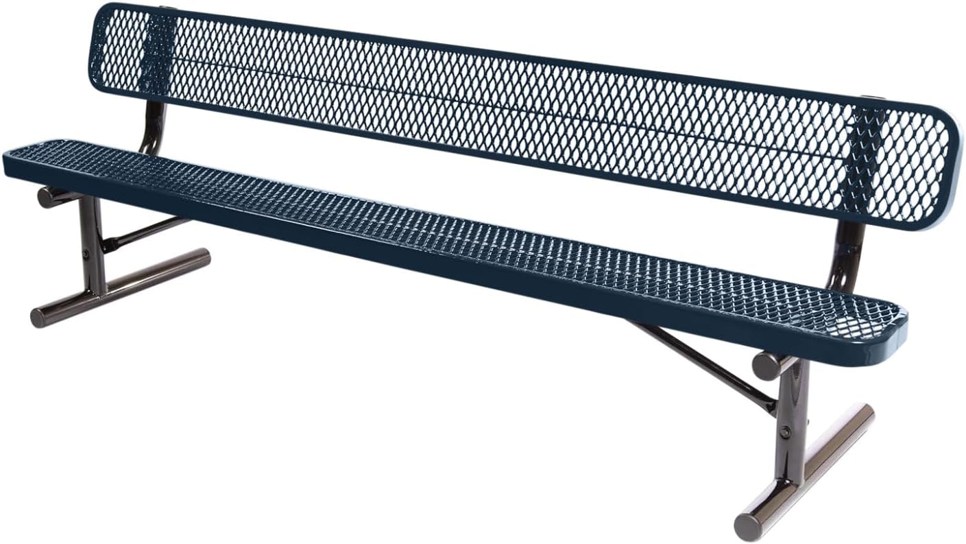 Coated Outdoor Furniture Heavy-Duty Portable Outdoor Bench Thermoplastic Coated, Expanded Metal, Commercial-Grade Seating, Made in America (Portable with Back, 8 Ft, Dark Blue)