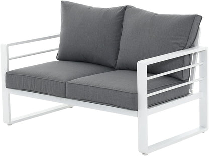 Patiorama Aluminum Patio Furniture Set, Outdoor Patio Loveseat, 2 Seat Sofa Couch, All Weather White Metal Chair with Olefin Cushion, Deep Seating, 600 lbs Capacity, Deck, Garden-Grey Cushion
