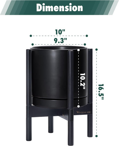 D'vine Dev Ceramic Planter with Ebony Stand - 10 Inch Modern Round Flower Pot with Wood Planter Holder, Black, 55-B-L-2