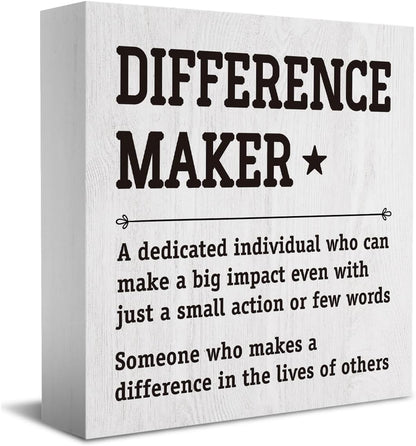 HTBIG Difference Maker Thank You Gifts Office Decor Funny Inspirational Desk Decor Coworker Gifts for Women Men Teacher Boss Day Retirement Rustic Wooden Box Sign for Tabletop Office Bookshelf White