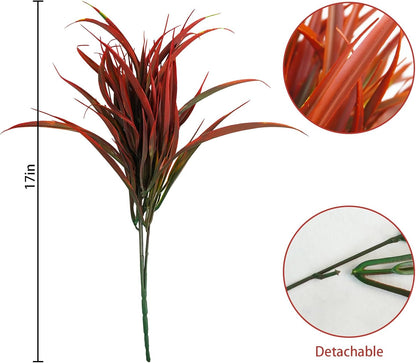 Uieke 12 Bundles Artificial Outdoor Plants UV Resistant Fake Grass Plants Faux Plastic Plants Greenery Shrubs for Home Garden Pathway Window Box Front Porch Cemetery Fall Decor, Autumn Red