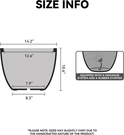 Kante 14.2 Inch Round Concrete Planter - Classic Large Indoor/Outdoor Plant Pot with Drainage Hole and Rubber Plug, Suitable for Gardens and Patios, Black Finish with Warm Brown Interior