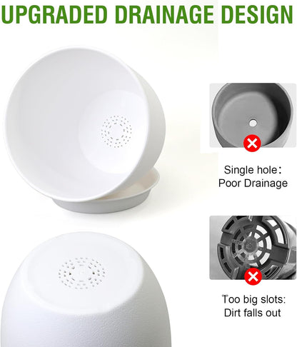 9/8/7.5 inch Flower Pots, Set of 3 Modern Decorative Plastic Planters with Drainage Holes and Saucers, Plant Pots for Indoor Outdoor Plants, White