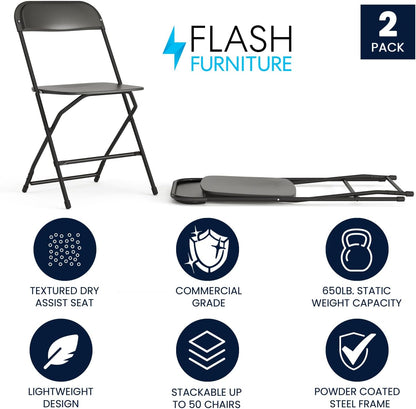 Flash Furniture Hercules Series Plastic Folding Chairs for Parties and Weddings, Stackable Commercial Event Seats with 650-lb. Static Weight Capacity, Set of 2, Black