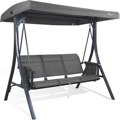 Kozyard Brenda 3-Seat Patio Swing Chair, Outdoor Porch Swing Glider with Adjustable Canopy, Side Pouches, Breathable Seat and Back, for Garden, Poolside, Backyard (Gray)