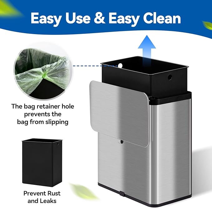 Compost Bin Kitchen, 2.1 Gallon Stainless Steel Trash Can with Lid for Countertop or Under Sink, Hanging Small Trash Bin, Removable Inner Bucket, Built-in Charcoal Filter, 60 Compostable Garbage Bags