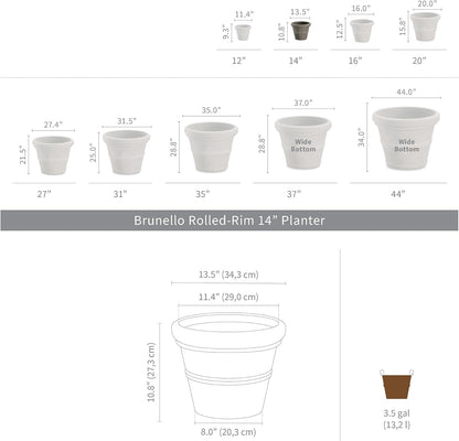 Crescent Garden Brunello Classic Rolled Rim Planter Pot, Indoor/Outdoor Weather-Safe Round Plant Pot, 14'' (Weathered Concrete)