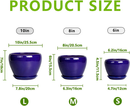 Flower Pots for Indoor Plants- Ceramic Pots for Plants 10 Inch 8 Inch 6 Inch Plant Pots with Drainage Holes and Saucers Decorative Large Planters for Outdoor Plants Set of 3 Blue