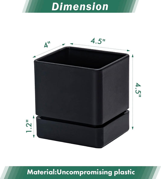 4 Inch Herb Planter Pot, Plastic Planter with Drainage Holes and Saucer, Modern Decorative Gardening Pot for Indoor Plants, Flowers, Herbs, Succulents, Black, Set of 2, 76-Y-B-2