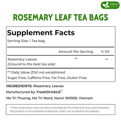 FreshDrinkUS, Premium 100 Rosemary Leaf Tea Bags, Made with 100% Natural Rosemary Dried Leaves, Pure Rosemary Herbal Tea, No Additives, No Caffeine, No Gluten, Vegan.