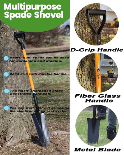 Ashman Drain Spade Shovel (2 Pack) - 48 Inches Long Handle Spade with D Handle Grip - Durable Handle with a Thick Metal Blade - Multipurpose Premium Quality Orange Shovel.