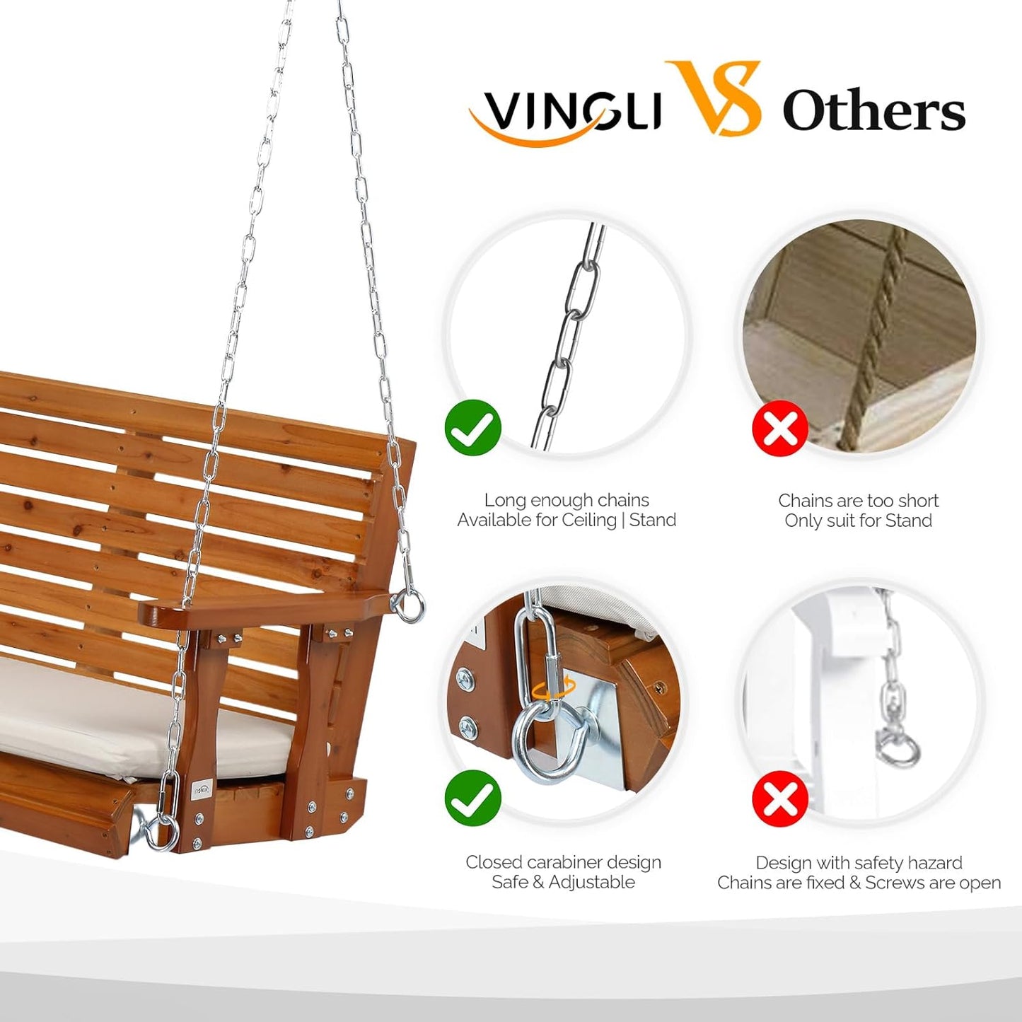 VINGLI Heavy Duty 880 LBS Patio Wooden Porch Swing Outdoor with Extra Cushion, Farmhouse Hanging Bench Tree Swing with Adjustable Chains for Yard | Garden | Lawn | Balcony (5 FT, Brown)
