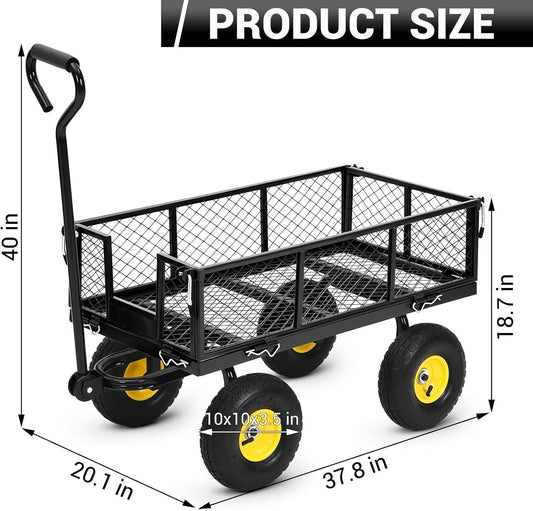 Heavy Duty Steel Garden Cart, 880LBS Pullable Metal Garden Wagon with 10" Wheels, 180° Rotating Handle and Removable Sides for Outdoor, Farm, Yard, Beach ﻿