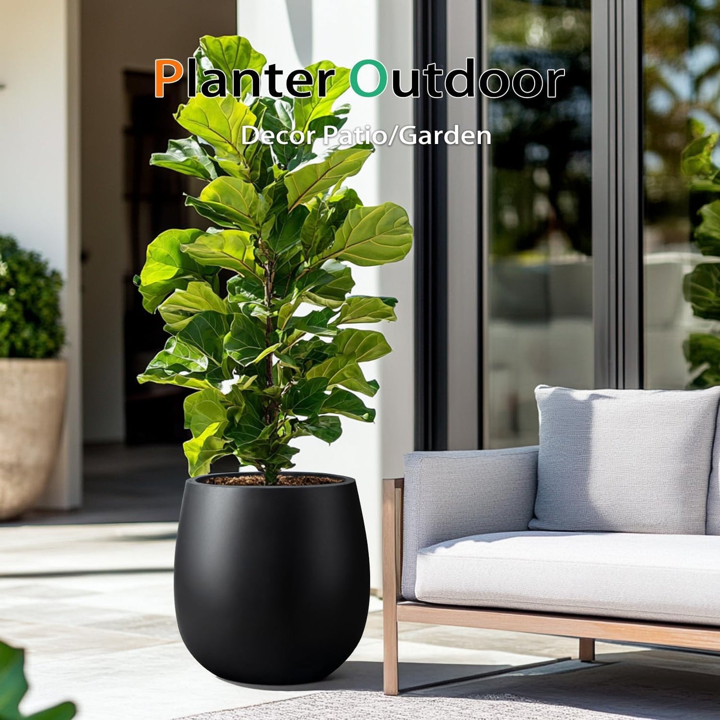 Oval Concrete Planters for Outdoor Plants, Large Tall Cement Flower Pots Indoor for Garden, Front Porch, Patio (Black, 18.5 inch)