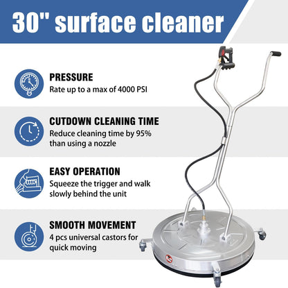 JANZ 30'' Pressure Washer Surface Cleaner with 4 Wheels,Dual Handle,Stainless Steel Housing, 2 Hose Adapters and 4 Replacement Nozzle Cores,Ideal for Driveways, Sidewalks,Patios,Decks Cleaning
