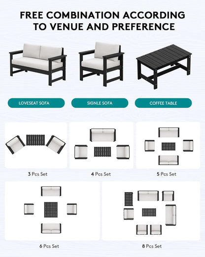 SERWALL 2 Pieces Single Cushioned Sofa Armchair, Black HDPE Adirondack Outdoor Sofa Lounge with Khaki Cushion