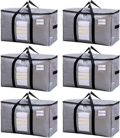 TAILI Extra Large Moving Bags, 6 Pack Silver Heavy Duty Totes For Storage with Visible Window, Wrap Around Handles, Storage Bags for Space Saving, Alternative to Moving Boxes
