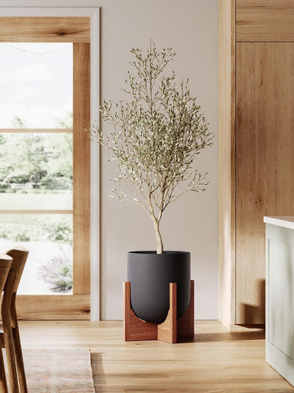 LE TAUCI 10 Inch Plant Pot with Acacia Wood Stand, Ceramic Planters for Indoor Plants, Plant Pots Indoor for Home Decor, Mid-Century Modern Pots for Plants with Drainage Hole and Plug, Charcoal Gray