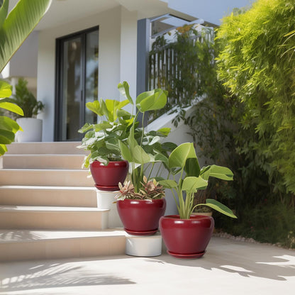 Ceramic Pots for Plants - 10 Inch 8 Inch 6 Inch Plant Pots with Drainage Holes and Saucers Large Planters for Indoor Plants Decorative Outdoor Flower Pots Set of 3 Red