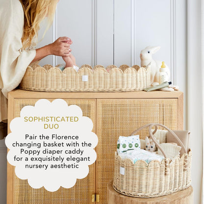 Bebe Bask Premium Baby Changing Basket - Artisan-Crafted Scalloped Rattan - Changing Basket for Baby Dresser - All Accessories Included - Complete Set for Nursery (Natural)