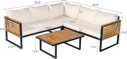 Outdoor Patio Furniture Set, 4-Piece Acacia Wood and Metal Patio Sofa Corner Set with Coffee Table, Modern Conversation Set for Backyard Porch Garden Balcony