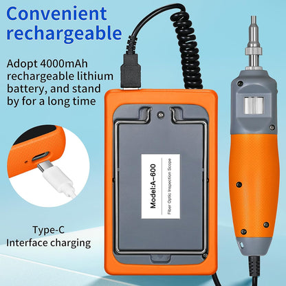 Orange A-600 Handheld 400x Fiber Optic end face Detector Magnifier Fiber Optic Microscope 5-inch high-Definition Touch Screen for SC/FC/ST/LC UPC Male/Female Head Interface Fiber Inspector (A-600U)