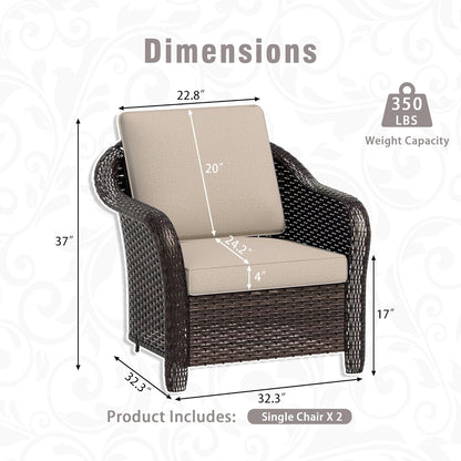 Outdoor Wicker Chair Set of 2, All-Weather Use Patio Rattan Chair with Seat and Back Cushion, Ideal for Porch, Backyard, Balcony, Poolside, Beige
