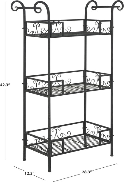SAFAVIEH Outdoor Collection Noreen Victorian Scroll Antique Black Iron 3-Tier Shelf