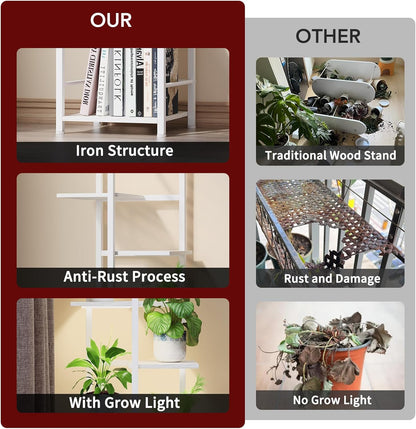 Plant Stand Indoor with Grow Light, 5-Tiered Tall Plant Stand Indoor, Metal Plant Shelf with Bookshelf Bookcase and Adjustable Light, Ideal for Living Room, Reading room, Garden, Patio (white)