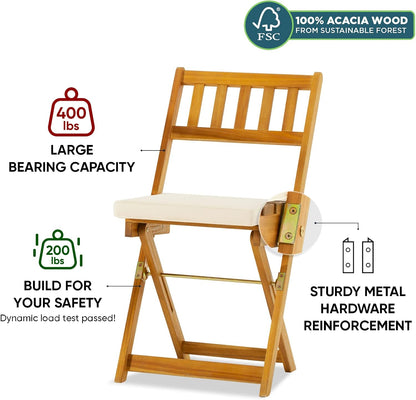 IDZO Heavy Duty 400lbs Capacity Patio Bistro Sets, 3 Piece Outdoor Folding Chairs with Cushions and Square Table, FSC-Certified Acacia Wood, Space-Saving Design for Balcony, Garden and Porch